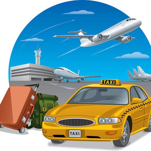 illustration of taxi and luggage in airport